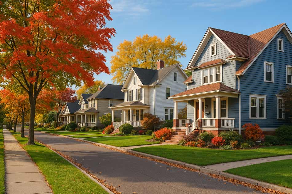 Row of well-maintained single-family homes in a Metro Detroit neighborhood with vibrant fall foliage, featuring blue and white houses with front porches along a tree-lined street"